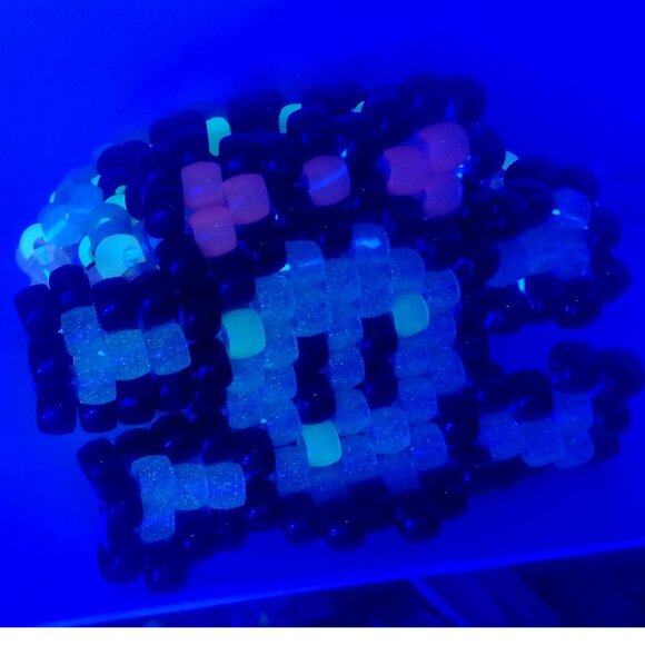 Glow-n-Dark Pink Large skull  On a Glow Kandi Cuff EDM Stretchy Bracelet - Picture 4 of 5